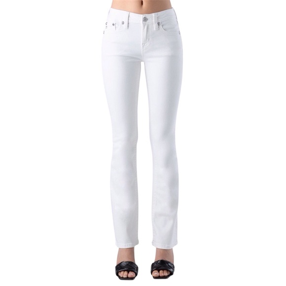 Miss Me Fleur White Crossed Lines Embellished Pocket Boot Cut Jeans Size 27 - Picture 1 of 11